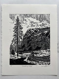 Woodcut-style illustration of a lodge with mountains and trees on a white background