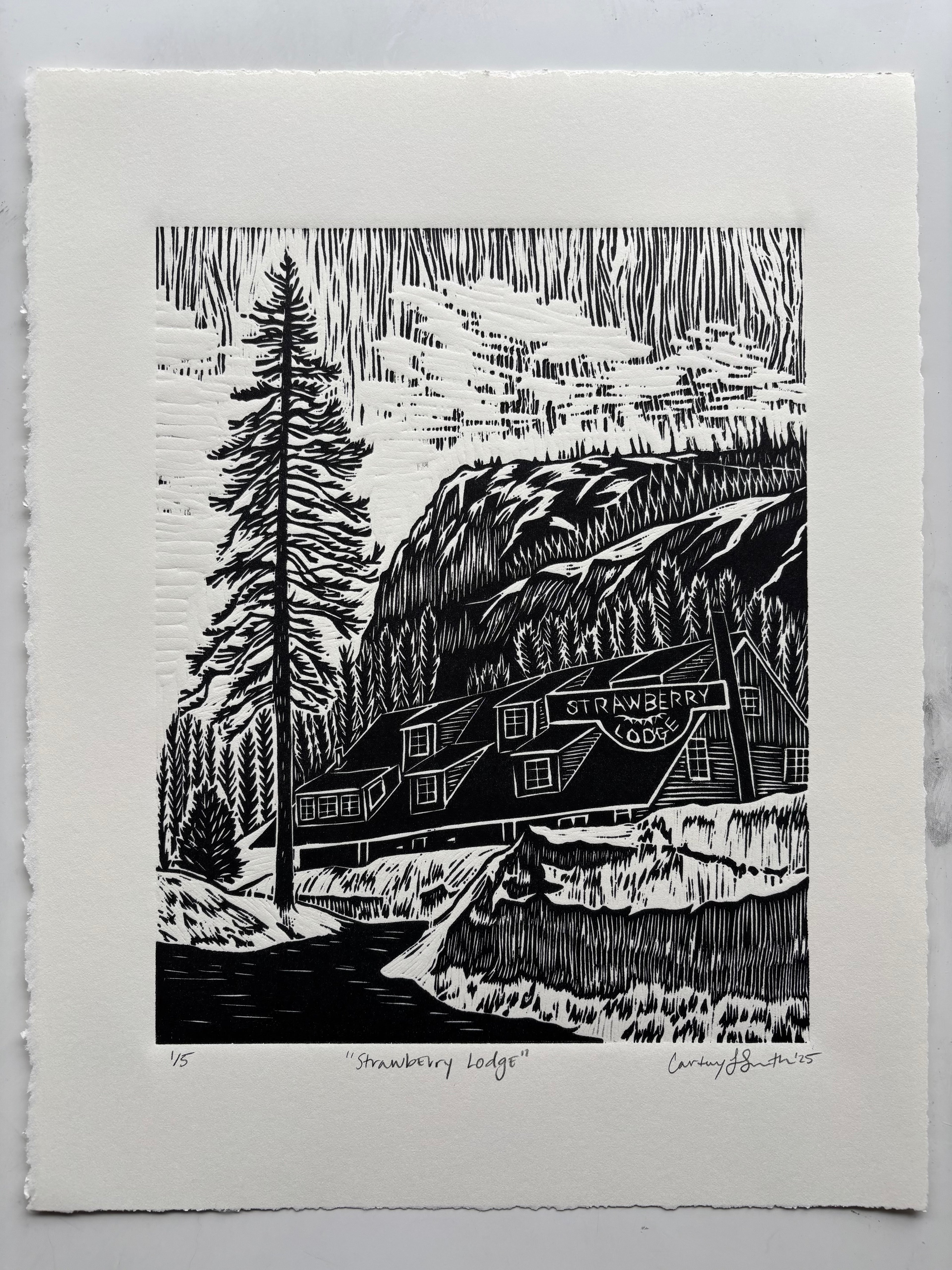 Woodcut-style illustration of a lodge with mountains and trees on a white background