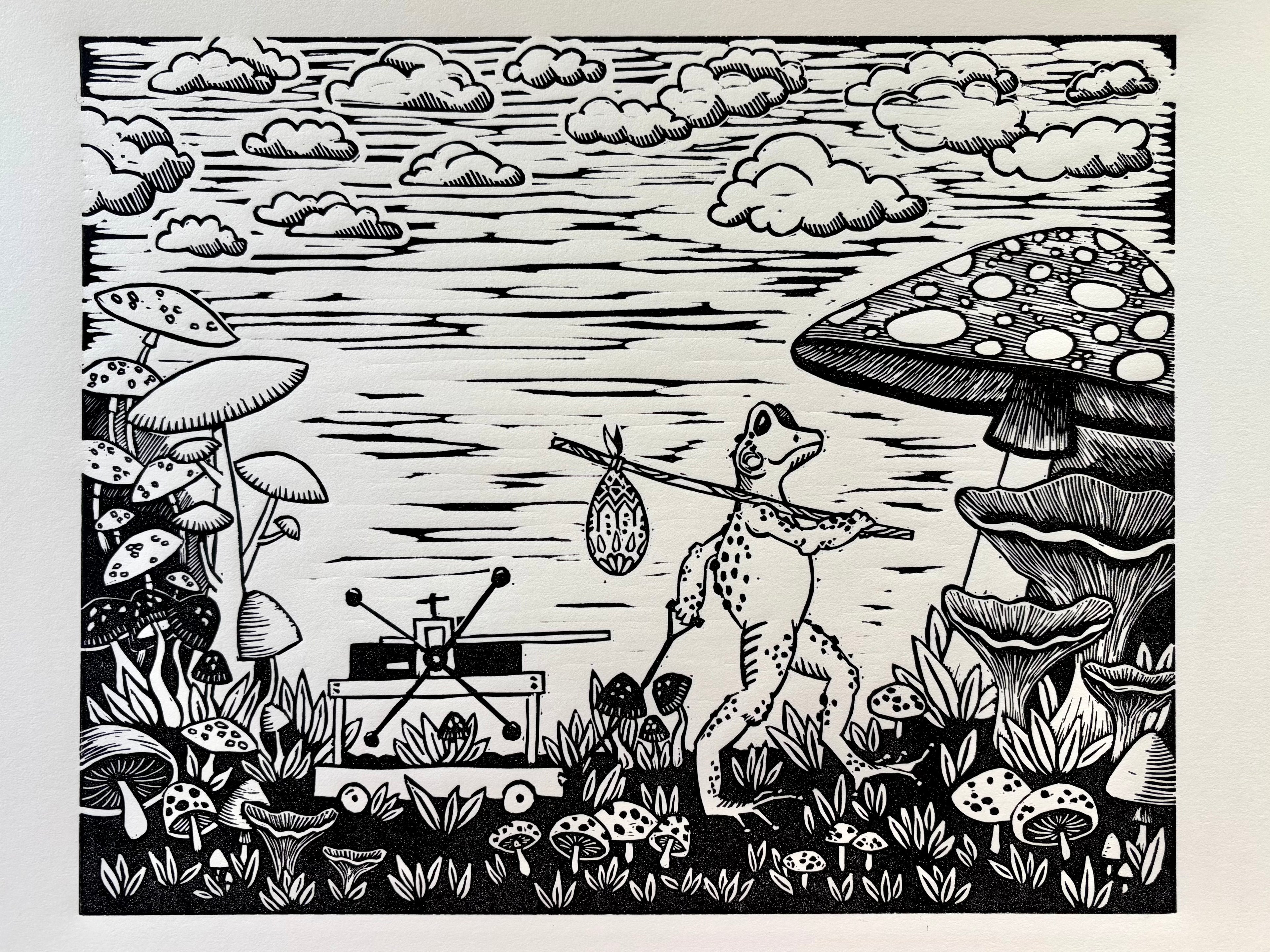 Illustration of a frog with a bindle and printing press in a forest filled with mushrooms.